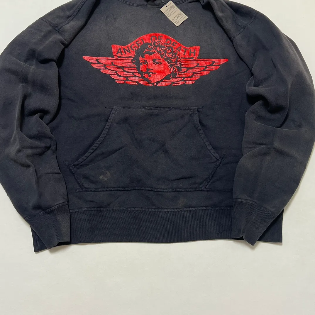 SAINT Mxxxxxx ANGEL HOODIE/BLK Angel Rebirth Crack Printed Retro Distressed Hoodie Assute dyeing, full-length spray-on fade, heavy fermentation wash, NEW VINTAGE texture, factory four-needle and six-thread workmanship, boneless patchwork, more comfortable to wear, genuine level crack print/accessories restored